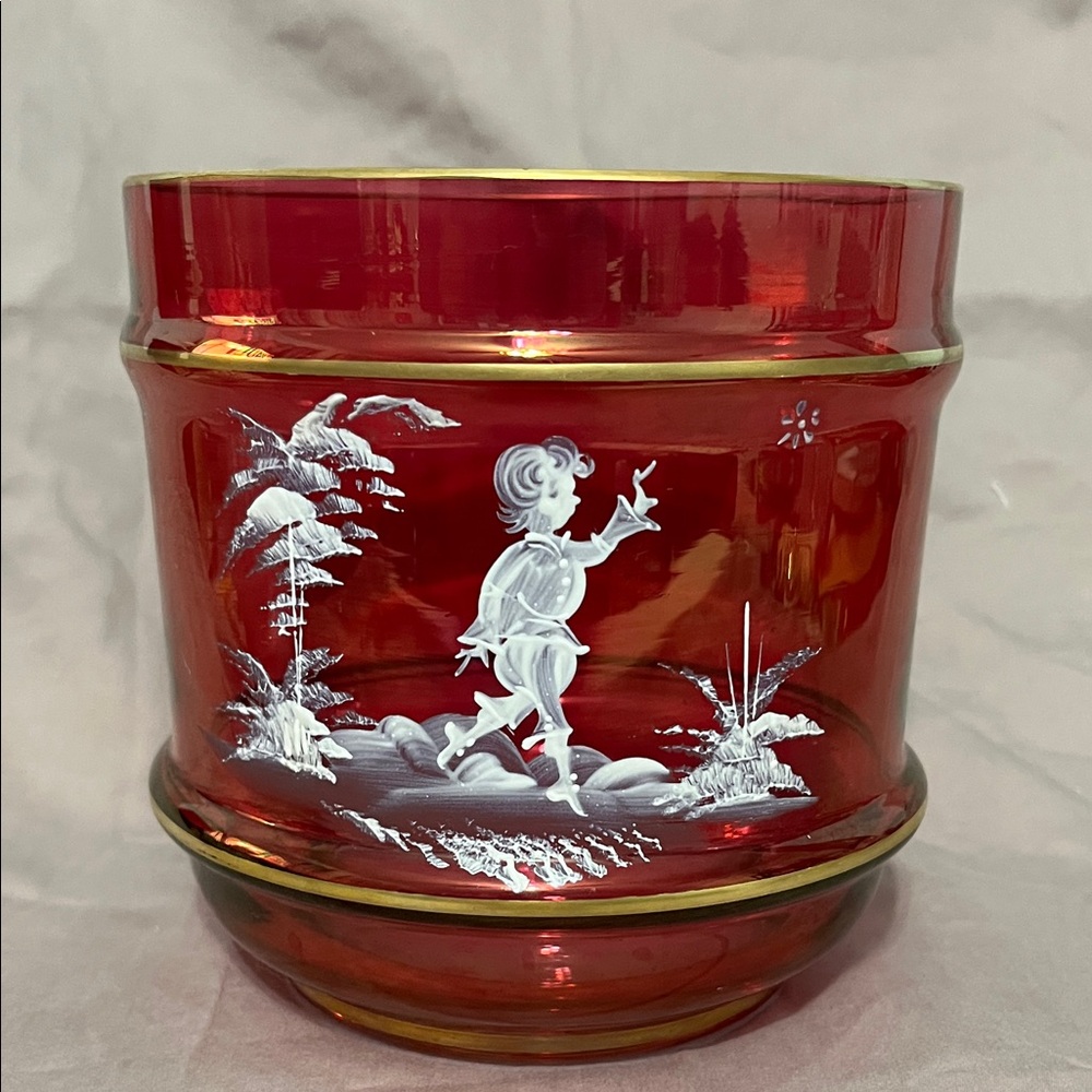 Cranberry  Mary Gregory Glass  Vase  White Enameled Boy  Gold Trimmed